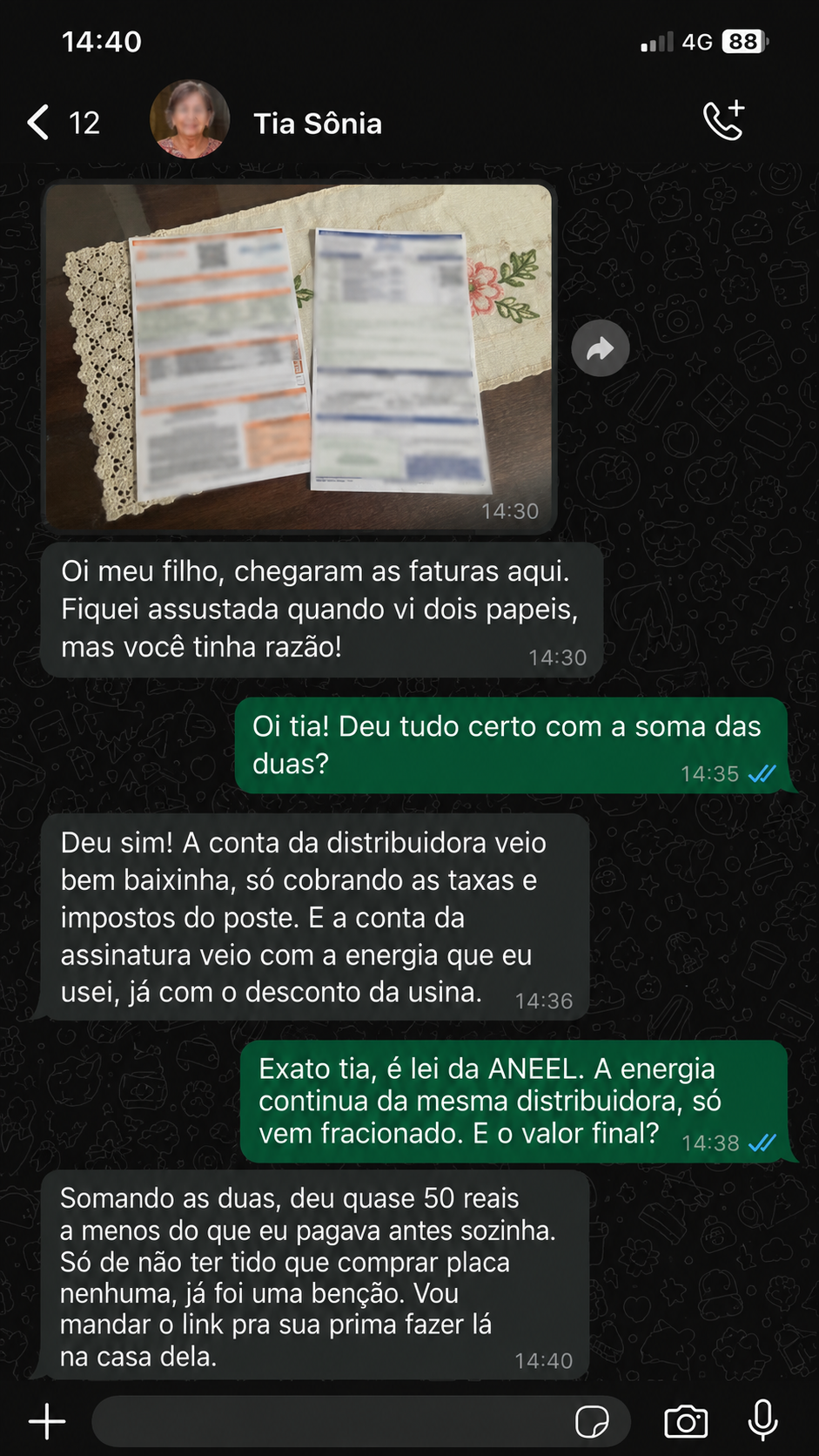 Conversa de WhatsApp ilustrativa sobre distribuidora e validade da simulação.